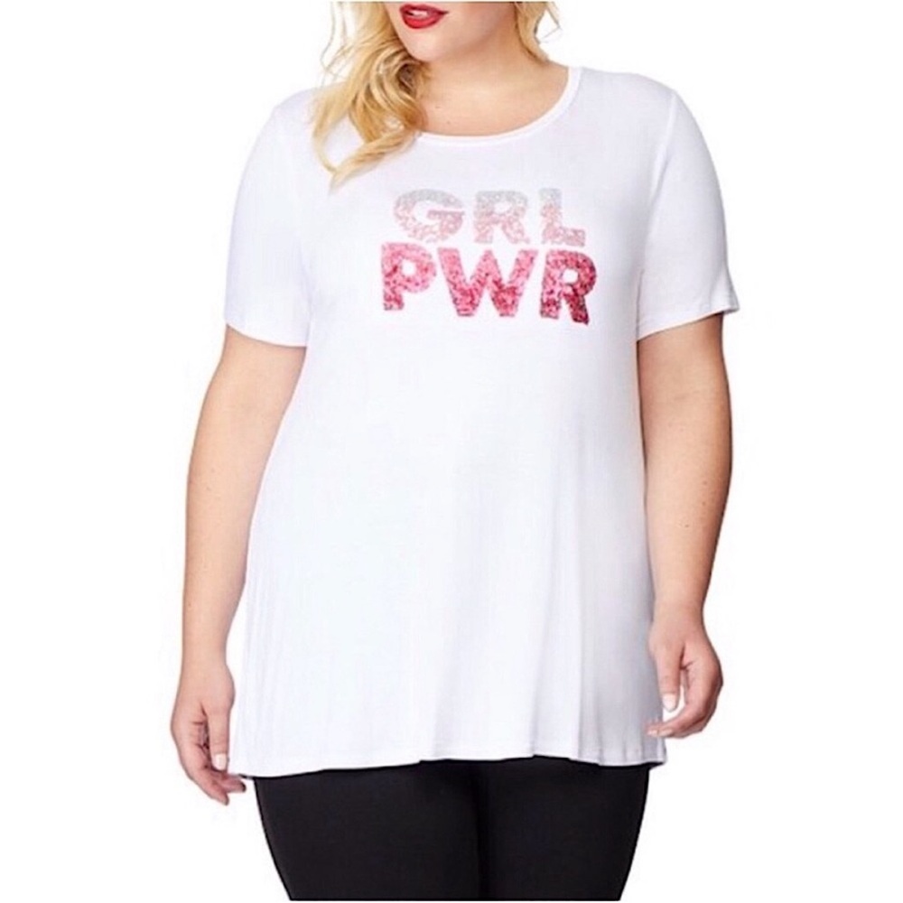 Rebel Wilson x Angels White & Pink 'Grl Pwr' Sequined Tee Plus Size 1X